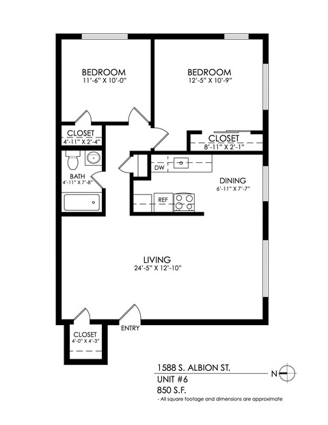 Floor plan for 2 beds, 1 bath, 876 sqft